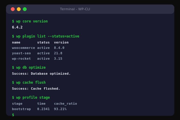 Terminal mit WP-CLI Befehlen für WordPress-Verwaltung